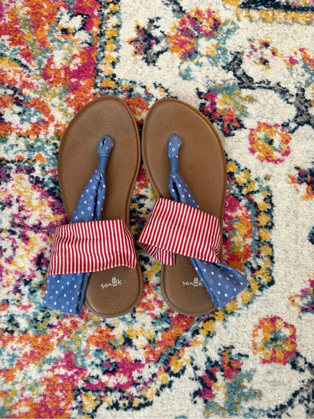 Sanuk Brown Sandal with Red Stripe and Blue Polka Dot Wraps